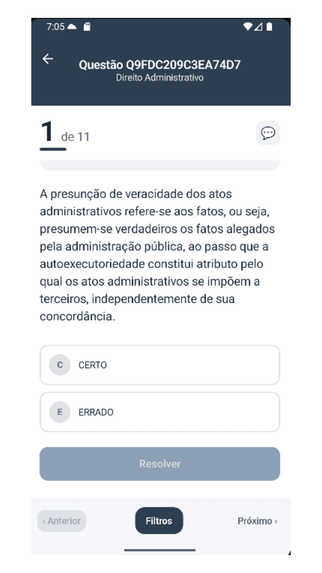 Tela real do app O Concurseiro exibindo uma questão de Direito Administrativo